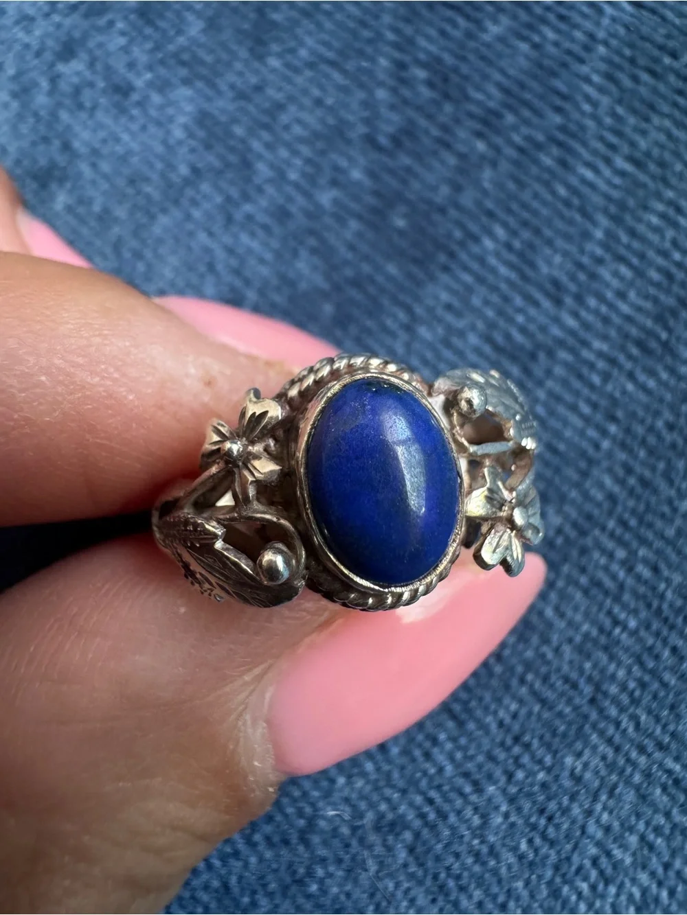 Stunning Blue Lapis Lazuli 925‎ Sterling Silver Flower design Ring size 5.5